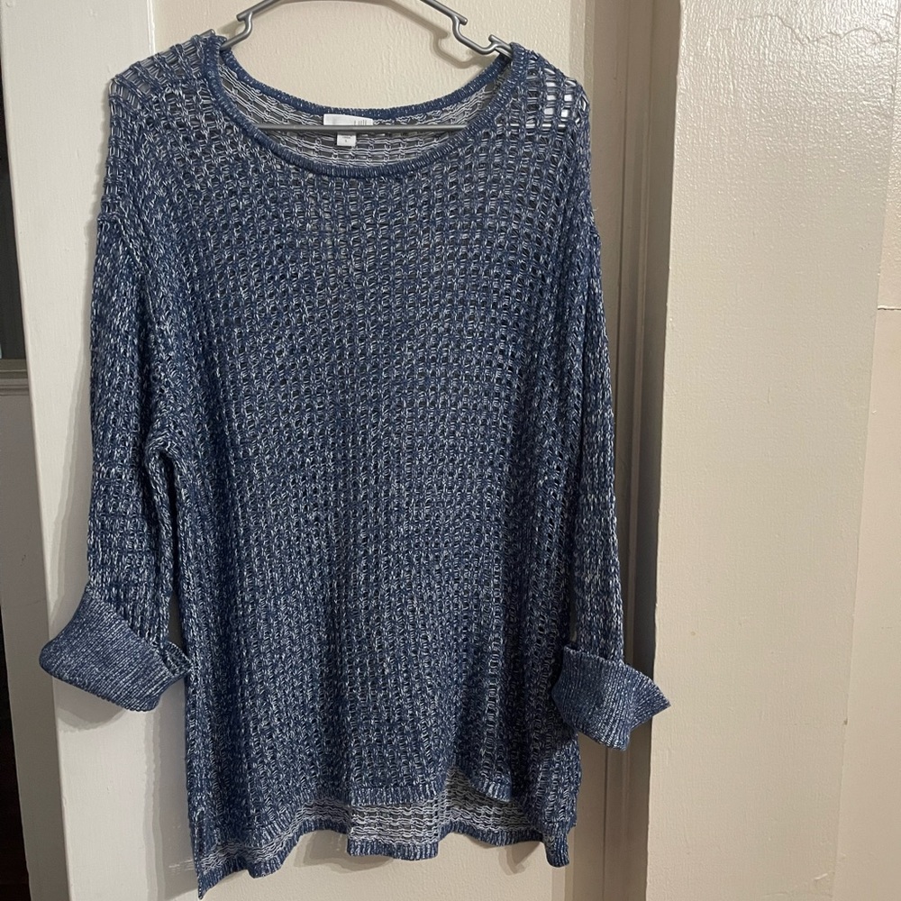 J.Jill Womens Linen Blend Boat Neck Long Sleeve Open Knit Sweater Blue Medium
